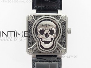 Bell & Ross BR01-92 Burning Skull Tattoo Watch Silver Dial on Black Leather Strap 23J