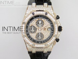 Royal Oak Offshore RG Full Paved Diamonds JF Best Edition on Black Leather Strap A7750