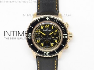 Fifty Fathoms Chronograph RG Yellow Number Markers Black Dial on Black Leather Strap A7750