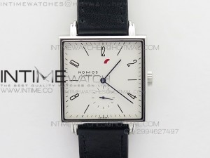 Nomos Tangente Square SS Case White Dial Blue Hands On Black leather Asian A2813