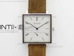 Nomos Tangente Square SS Case White Dial On Brown leather Asian A2813
